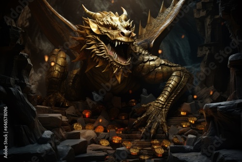 A massive, ominous dragon guarding its treasure trove of gleaming jewels, gold coins, and ancient relics within a dark, foreboding cave photo