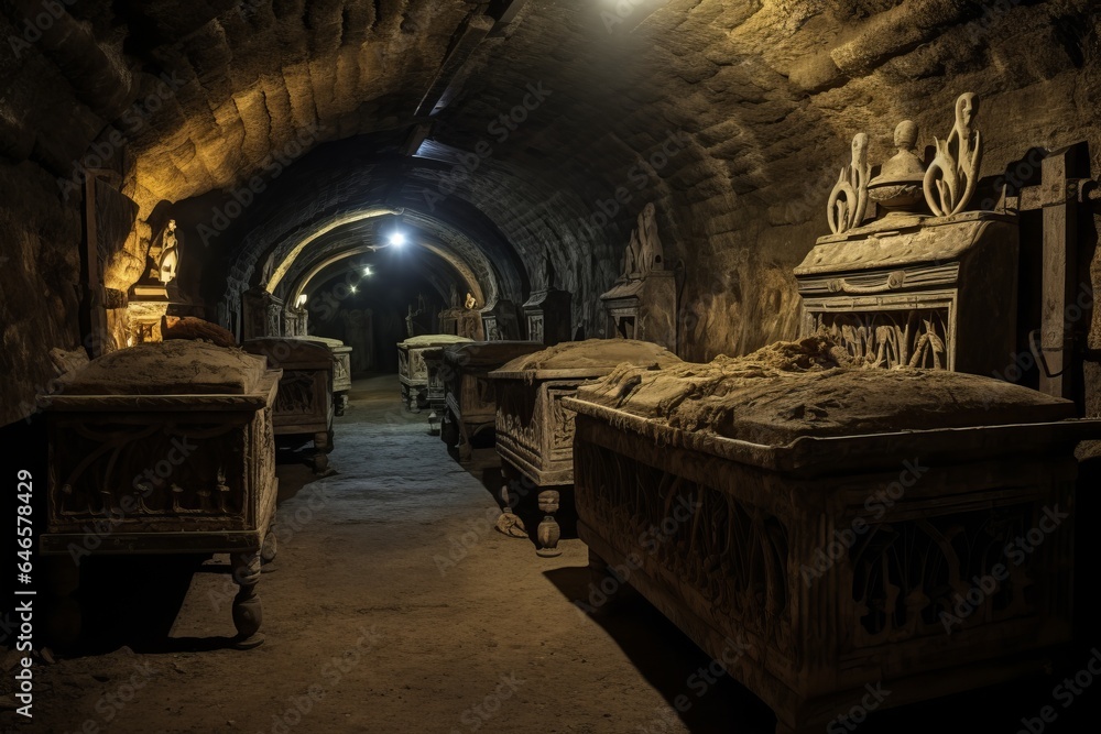 An eerie, underground crypt adorned with ancient coffins