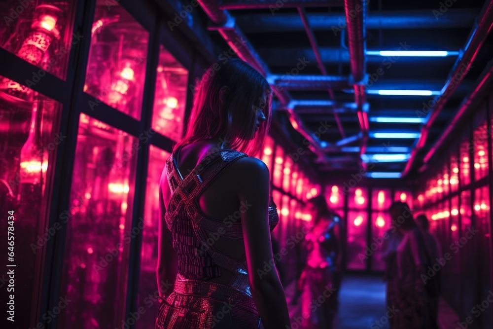 A hidden, subterranean nightclub where humans and androids merge in a dance of neon lights and electronic music, their bodies adorned with cybernetic enhancements
