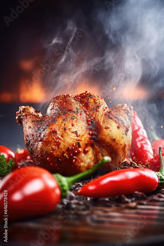 A turkey on a grill with peppers on the grill photo