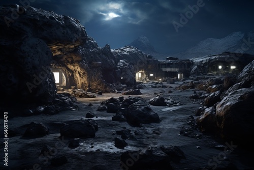 A hidden mining outpost nestled within a massive asteroid, where intrepid spacefarers seek refuge and exchange stories under a sky filled with drifting rocks photo