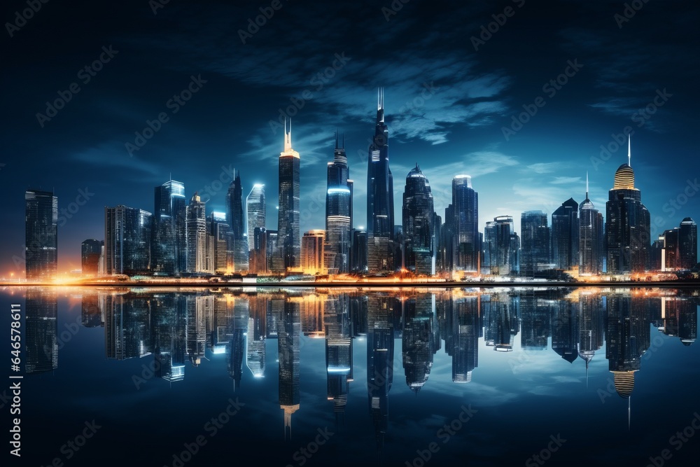 A dramatic city skyline with illuminated skyscrapers in a metropolitan setting, clear reflection on the water A dramatic city skyline with illuminated skyscrapers in a metropolitan setting, clear reflection on the water