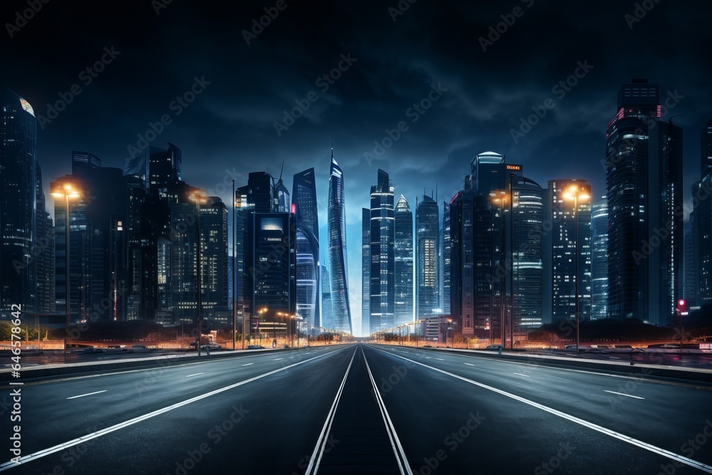 A dramatic city skyline with illuminated skyscrapers in a metropolitan setting, shoot from the surface, wide empty avenue A dramatic city skyline with illuminated skyscrapers in a metropolitan setting, shoot from the surface, wide empty avenue