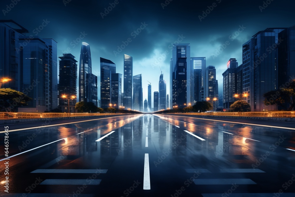 A dramatic city skyline with illuminated skyscrapers in a metropolitan setting, shoot from the surface, wide empty avenue