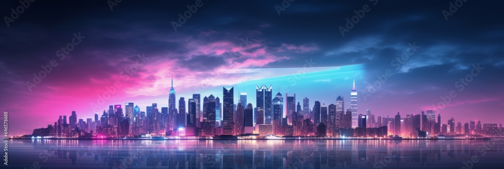 A dramatic cyberpunk city skyline with illuminated skyscrapers in a metropolitan setting, shoot from the surface, wide empty avenue