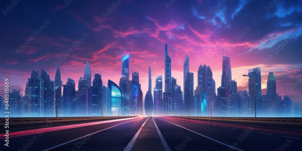 A dramatic cyberpunk city skyline with illuminated skyscrapers in a metropolitan setting, shoot from the surface, wide empty avenue A dramatic cyberpunk city skyline with illuminated skyscrapers in a metropolitan setting, shoot from the surface, wide empty avenue