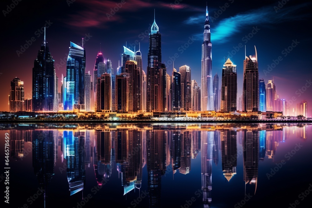 A dramatic futuristic city skyline with illuminated skyscrapers in a metropolitan setting - obrazy, fototapety, plakaty 