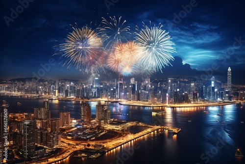 A panoramic view of a cityscape with dazzling lights and fireworks in the distance, capturing the urban charm of New Year's Eve