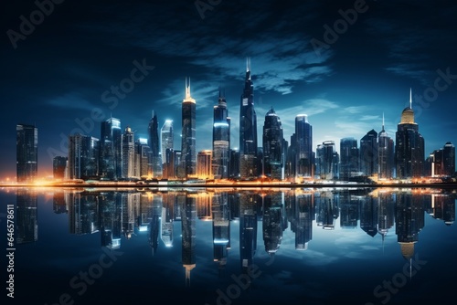 A dramatic city skyline with illuminated skyscrapers in a metropolitan setting  clear reflection on the water