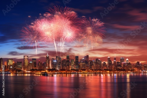 A panoramic view of a cityscape with dazzling lights and fireworks in the distance, capturing the urban charm of New Year's Eve