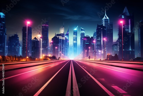 A dramatic cyberpunk city skyline with illuminated skyscrapers in a metropolitan setting  shoot from the surface  wide empty avenue
