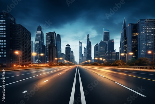 A dramatic city skyline with illuminated skyscrapers in a metropolitan setting, shoot from the surface, wide empty avenue