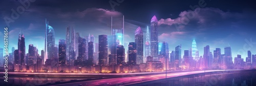 A dramatic cyberpunk city skyline with illuminated skyscrapers in a metropolitan setting  shoot from the surface  wide empty avenue