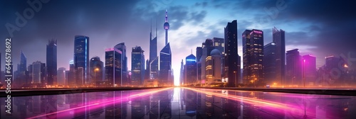 A dramatic futuristic cyberpunk city skyline with illuminated skyscrapers in a metropolitan setting, shoot from the surface, wide empty avenue