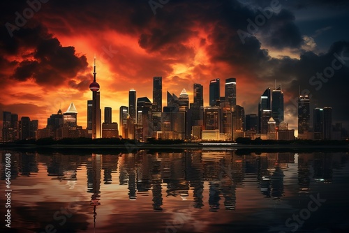 A dramatic city skyline with illuminated skyscrapers in a metropolitan setting