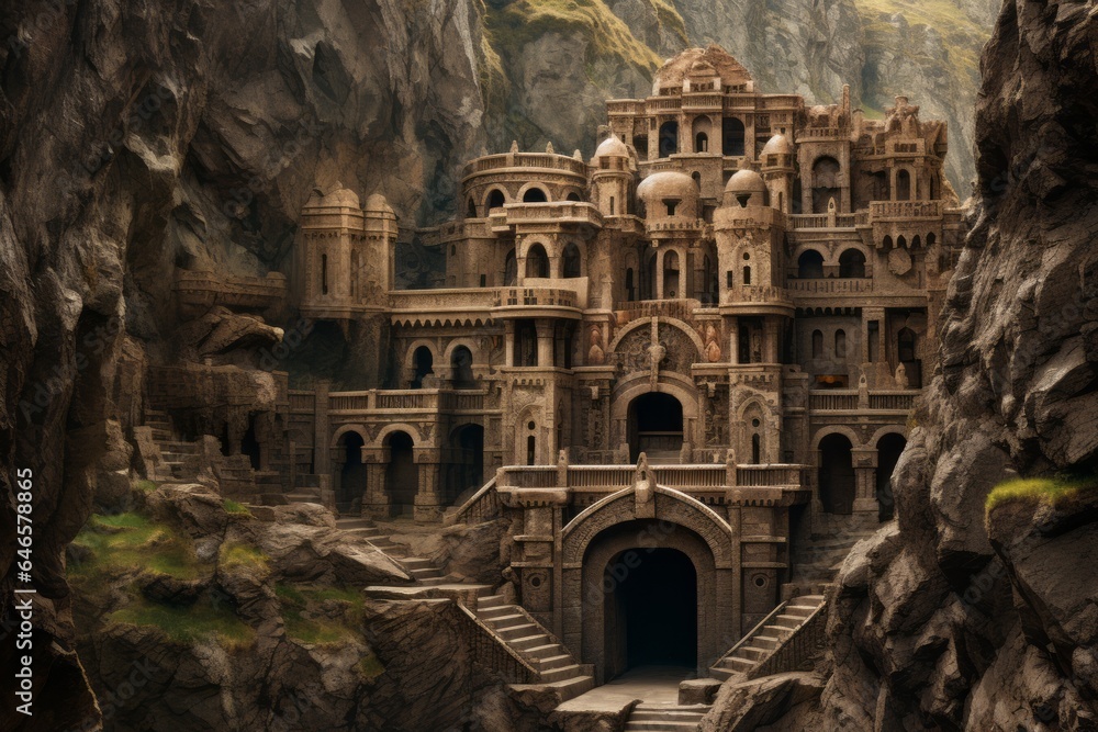 A grand ancient fantasy city carved deep within a mountain