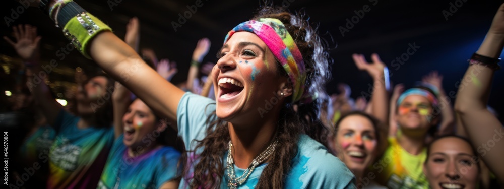 Fototapeta premium A fitness class is in full swing, with participants wearing neon-colored headbands and wristbands, adding splashes of purple, red, blue and green to the mix. Generative AI