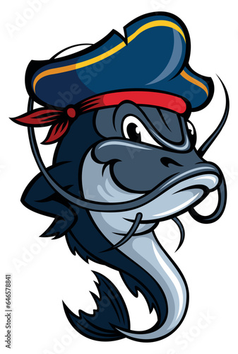 Cartoon style catfish character in the pirate hat. Isolated on white background.