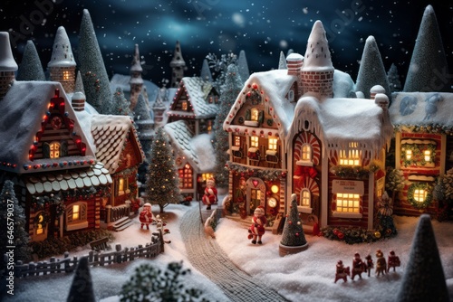 A whimsical snowfall in a charming winter village, where gingerbread houses and candy cane trees create a fantasy Christmas wonderland © Gbor