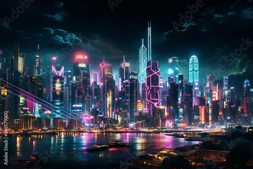 A sprawling cyberpunk cityscape bathed in the neon glow of holographic billboards and hovering vehicles, where towering skyscrapers pierce the smog-filled skies