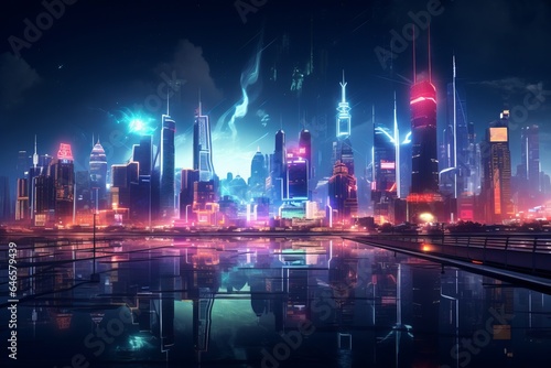 A sprawling cyberpunk cityscape bathed in the neon glow of holographic billboards and hovering vehicles  where towering skyscrapers pierce the smog-filled skies