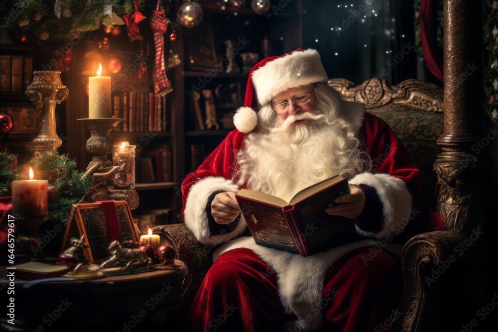 Santa Claus's hidden library filled with ancient books of Christmas magic and wisdom