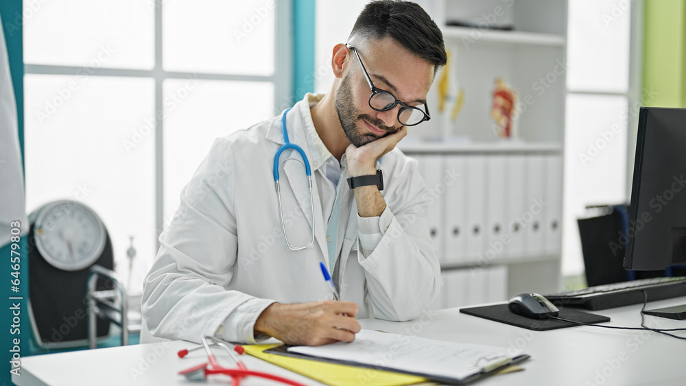 Young hispanic man doctor writing medical report on clipboard at the clinic Young hispanic man doctor writing medical report on clipboard at the clinic