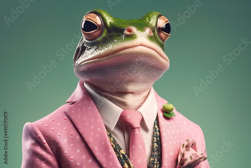 Frog in a pink dotted jacket and tie. Dressed and standing like a businessman