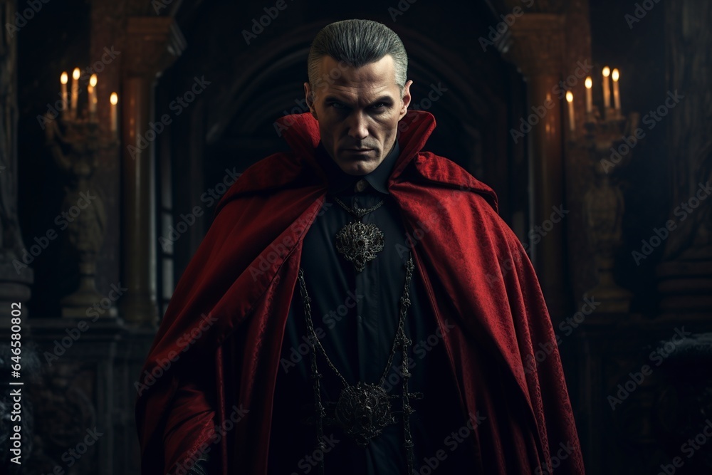 old vampire in red cloak in the castle