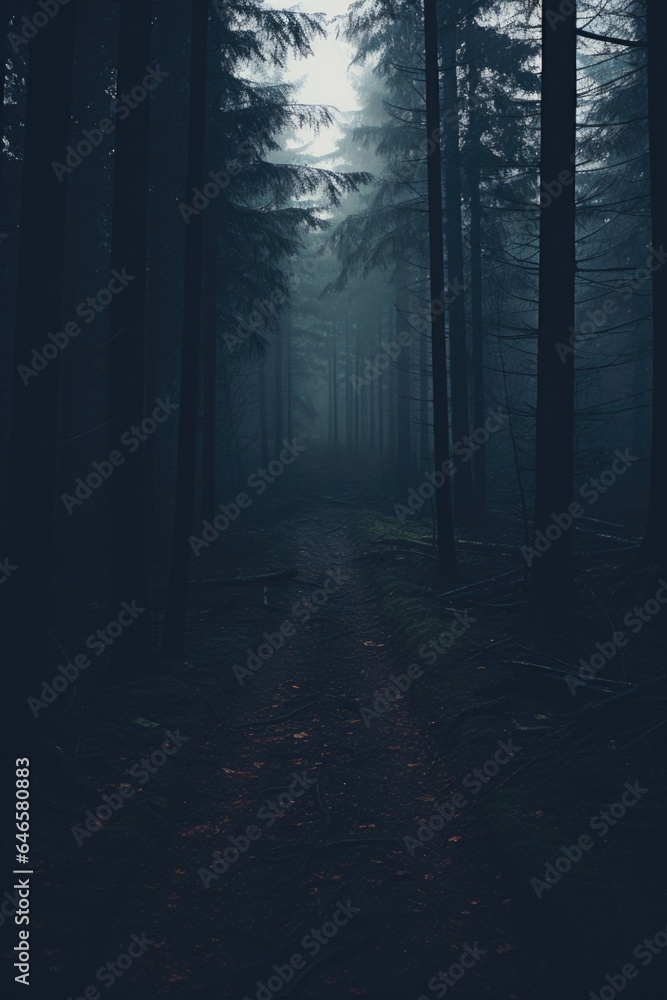 Naklejka premium Misty spooky forest background, gloomy trees in scary horror foggy woods Happy Halloween dark night creepy nature mist fantasy atmosphere mystery dramatic landscape fall nightmare scenery. Copy space