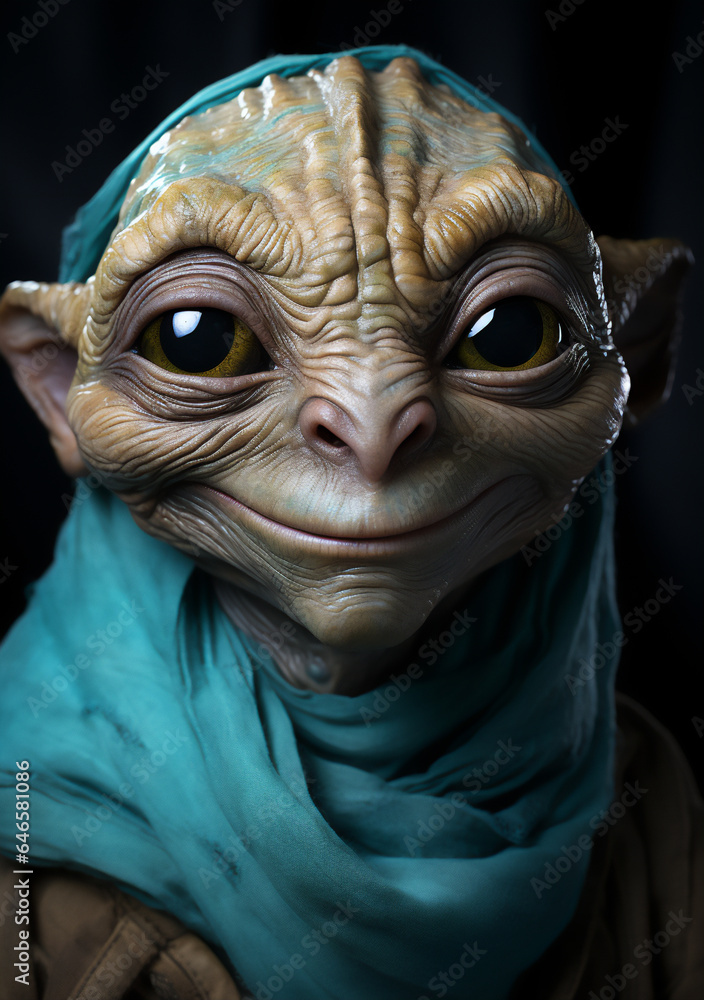 A Friendly Face from Outer Space: Smiling Alien ET Portrait Featuring Stylish Shawl Scarf. Generative AI. A Friendly Face from Outer Space: Smiling Alien ET Portrait Featuring Stylish Shawl Scarf. Generative AI.