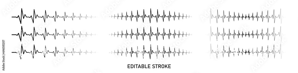 Editable old style stroke heart diagram set, ekg, cardiogram, heartbeat line vector design to use in healthcare, healthy lifestyle, medical laboratory, cardiology project.