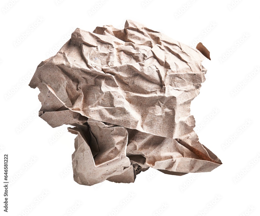 One brown crumpled paper ball over isolated white background One brown crumpled paper ball over isolated white background