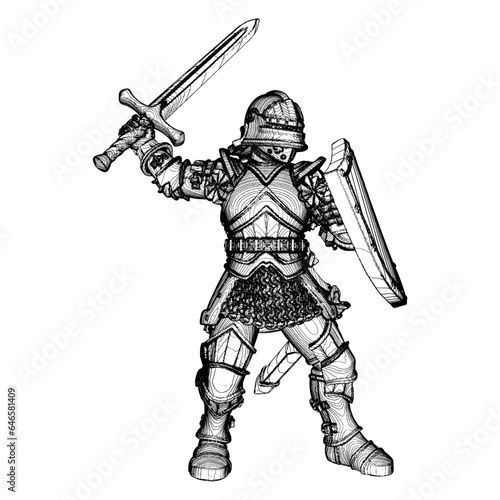 Gothic Fighting Knight Vector. Illustration Isolated On White Background. A vector illustration Of A Knight With Armor, Sword, and Shield.