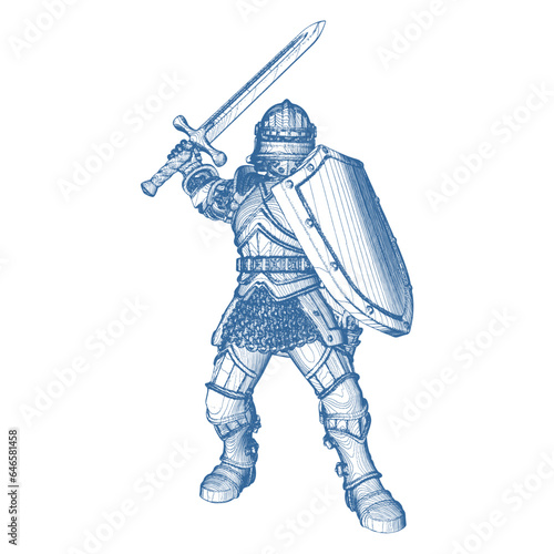 Gothic Fighting Knight Vector. Illustration Isolated On White Background. A vector illustration Of A Knight With Armor, Sword, and Shield.