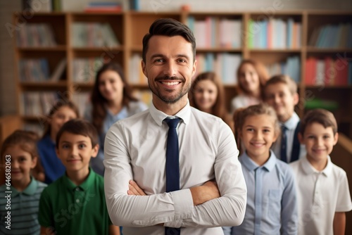 teacher with his students posing in front of the camera