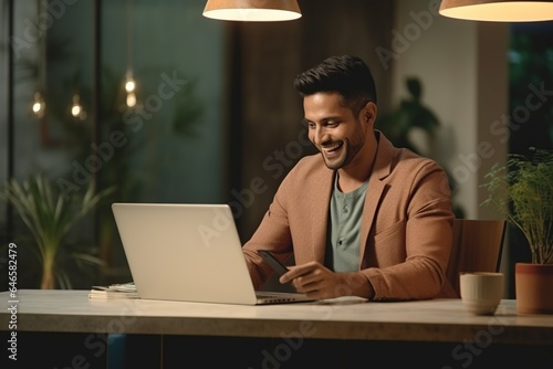 indian man using a laptop and credit card at home online photo