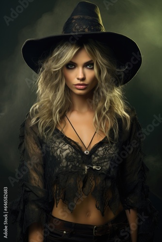 Magic gothic enchanted witch woman evil fairy girl magician wearing dress and hat in Happy Halloween spooky scary fantasy fall scene with full moon creepy horror night light background. Copy space.