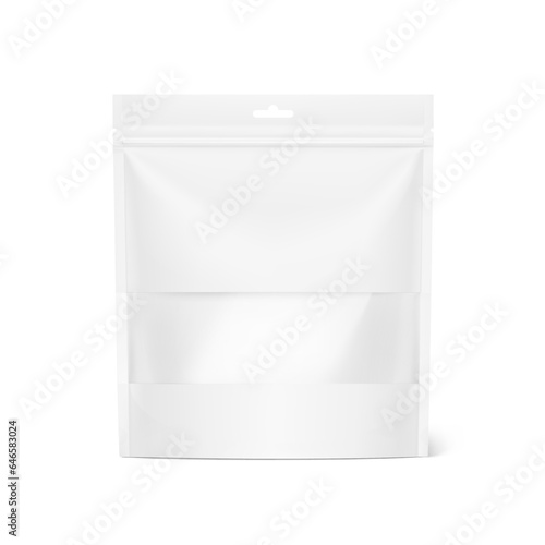 Pouch bag with transparent window mockup on white background. With the transparent window and screen mode overlay, it's easy to make a realistic mockup of your product. Vector illustration. EPS10.