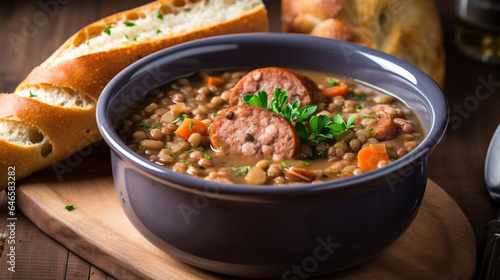 Sausage and Lentil Soup - A hearty soup made with sausage, lentils, and vegetables like carrots and celery, often flavored with herbs like thyme and rosemary.