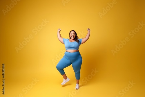 young happy full body plus size fat woman doing exercise