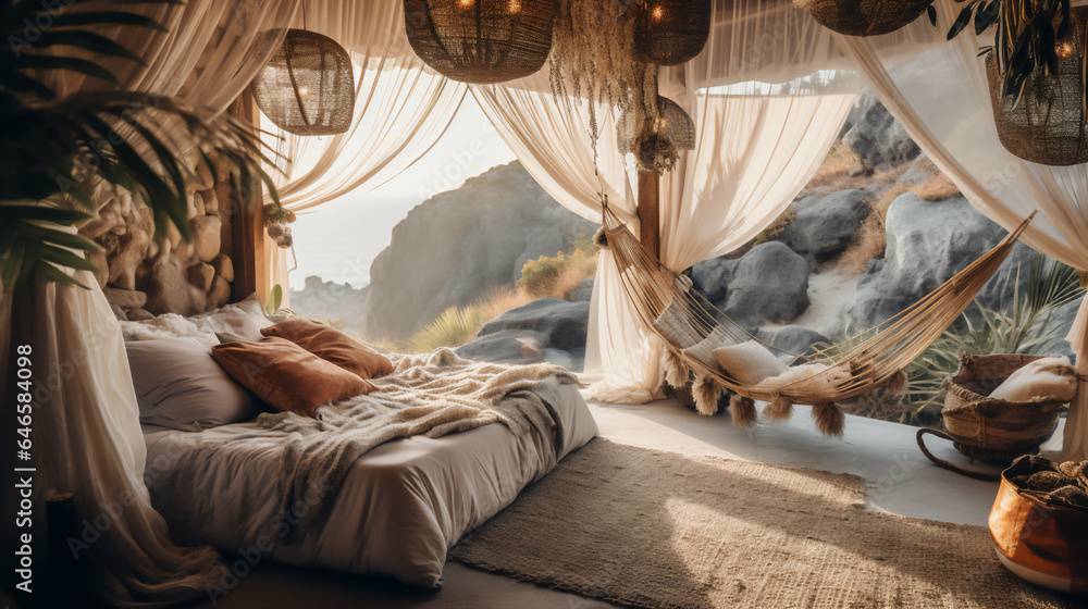 Beachside Glamping Tent Featuring a Cozy Bohemian-Inspired Outdoor Lounge Area with Hammock and Bed - The Pinnacle of Luxurious Relaxation. Generative AI