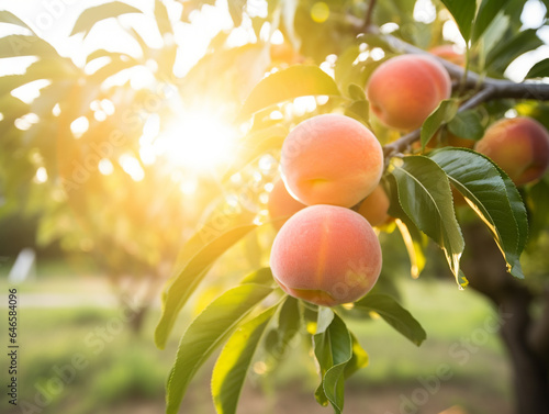 Peaches are ripening in the field. A sunny morning. The fruits are ready to be picked and marketed.