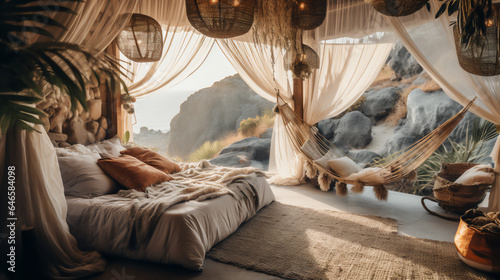 Beachside Glamping Tent Featuring a Cozy Bohemian-Inspired Outdoor Lounge Area with Hammock and Bed - The Pinnacle of Luxurious Relaxation. Generative AI