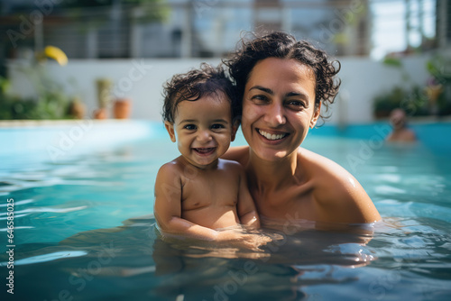 Indian mother and her baby are swimming in a pool, smiling, lifestyle photoshoot