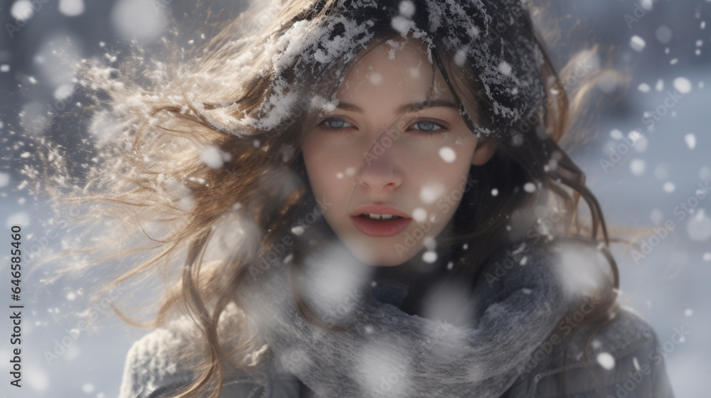 portrait of a beautiful woman standing in a snowy landscape, Christmas and New Year, winter.