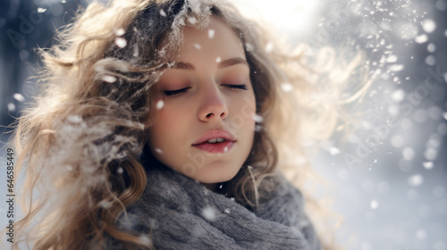 portrait of a beautiful woman standing in a snowy landscape, Christmas and New Year, winter.