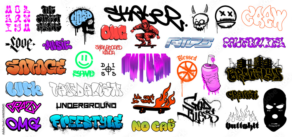 Street graffiti and urban wall, hip hop culture in street art - graffiti, tags, gang symbols, gothic lettering, street art with spray effect, spatter and dripping paint. Hip hop vector for streetwear