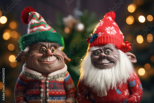 Close-up of two very happy trolls with a Christmas sweater photo