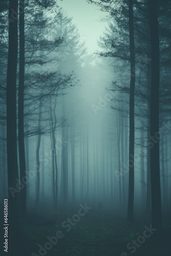 Misty spooky forest background, gloomy trees in scary horror foggy woods Happy Halloween dark night creepy nature mist fantasy atmosphere mystery dramatic landscape fall nightmare scenery. Copy space